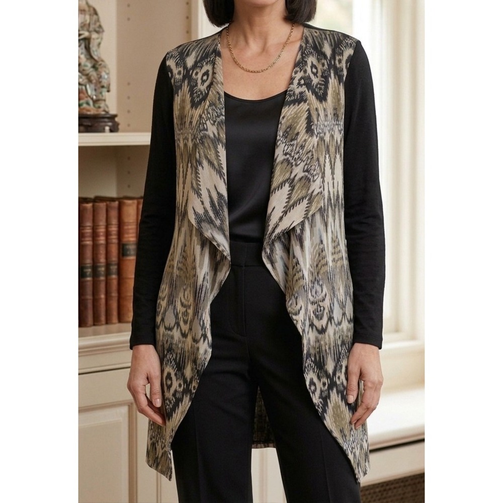 Saks Fifth Avenue Black Label S Silky Ikat Print Draped Front Longline Cardigan